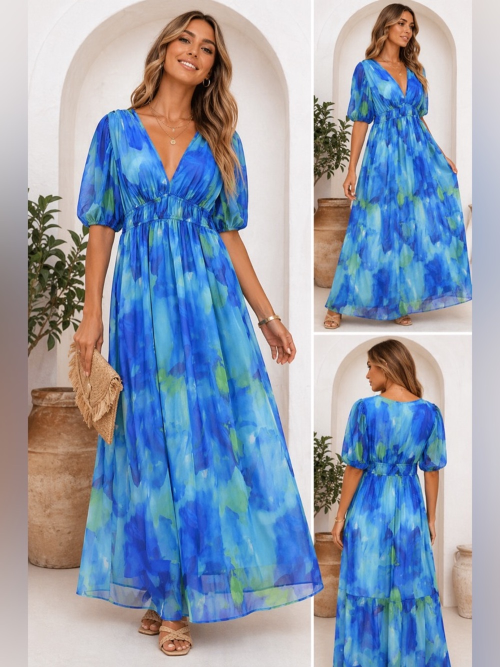 Sissyaki Blue Watercolor Maxi Dress XL Boho Flowy Empire Waist Puff Sleeve